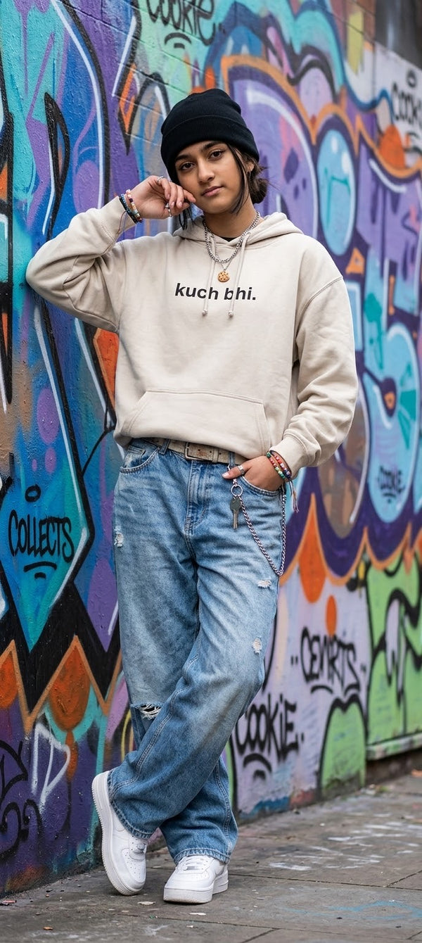 Oatmeal "Kuch Bhi" luxury Hoodie | Minimalist Urdu Quote Streetwear | Textured 3D Lettering