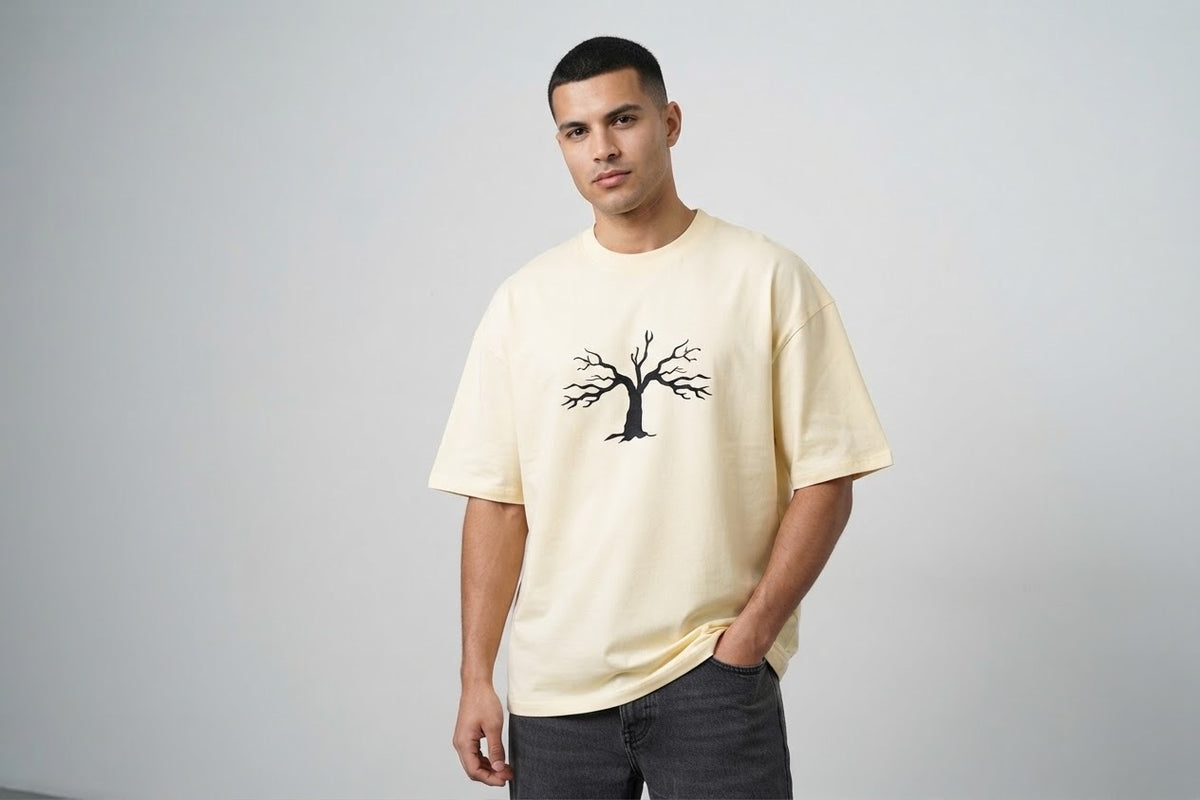 Minimalist Autumn Tree Heavyweight T-Shirt | Textured 3D Graphic Cream Tee