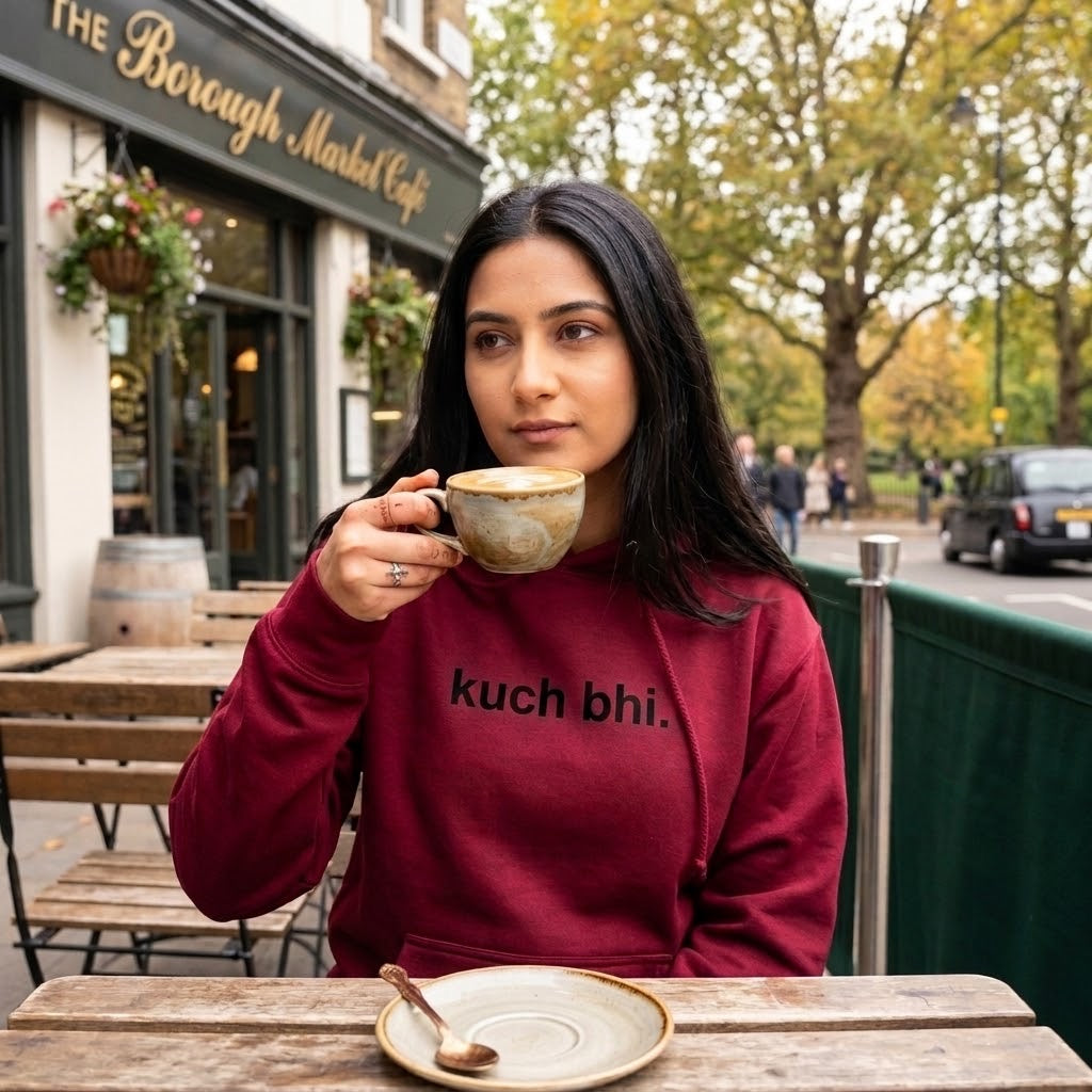 Burgundy "Kuch Bhi" luxury Hoodie | Minimalist Urdu Quote Streetwear | Textured 3D Lettering