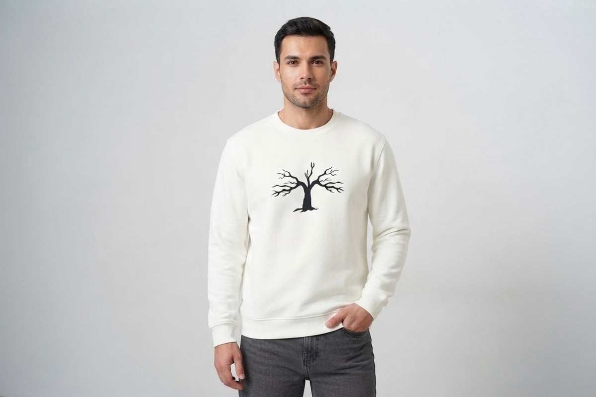 Minimalist Autumn Tree Sweatshirt | Textured 3D Graphic White Pullover