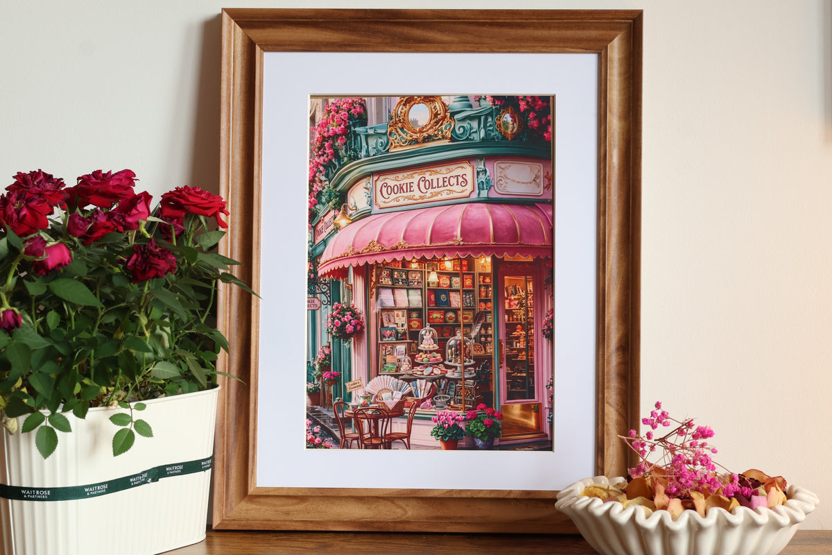 The Cookie Collects Bookshop | Pink Victorian Storefront Print (without frame)