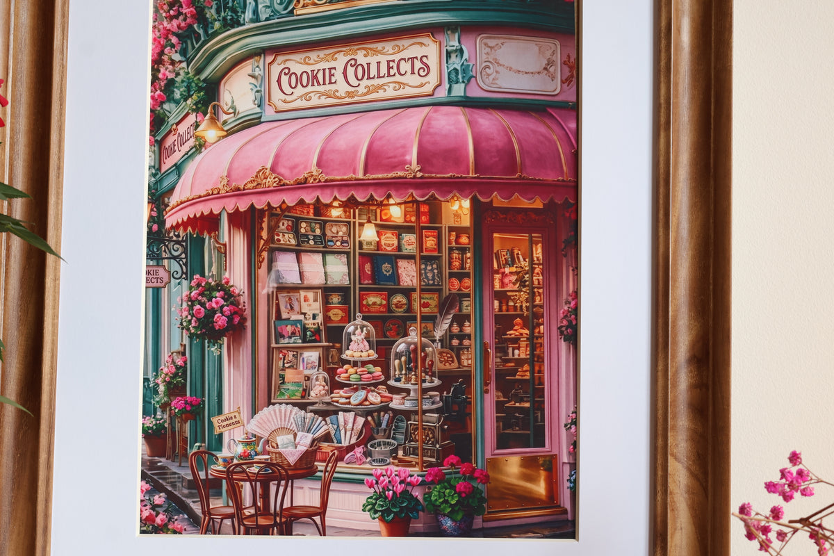 The Cookie Collects Bookshop | Pink Victorian Storefront Print (without frame)