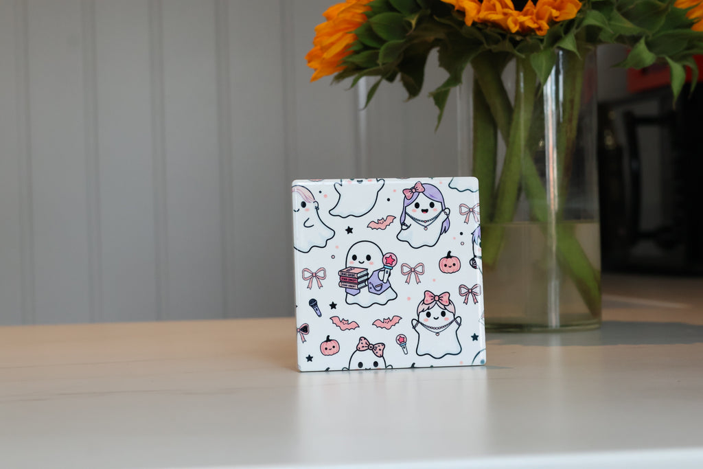 Pastel K-Pop Ghostie Ceramic Coaster | Cute Spooky Season Drink Coaster