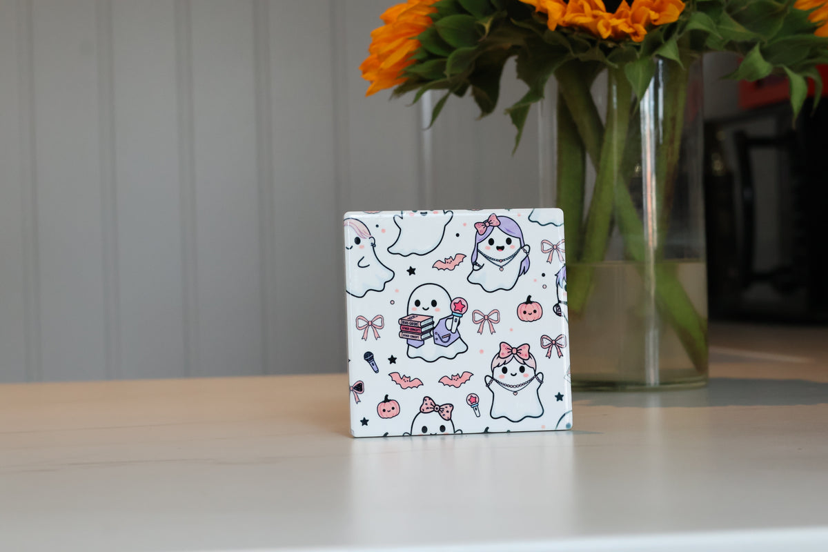 Pastel K-Pop Ghostie Ceramic Coaster | Cute Spooky Season Drink Coaster