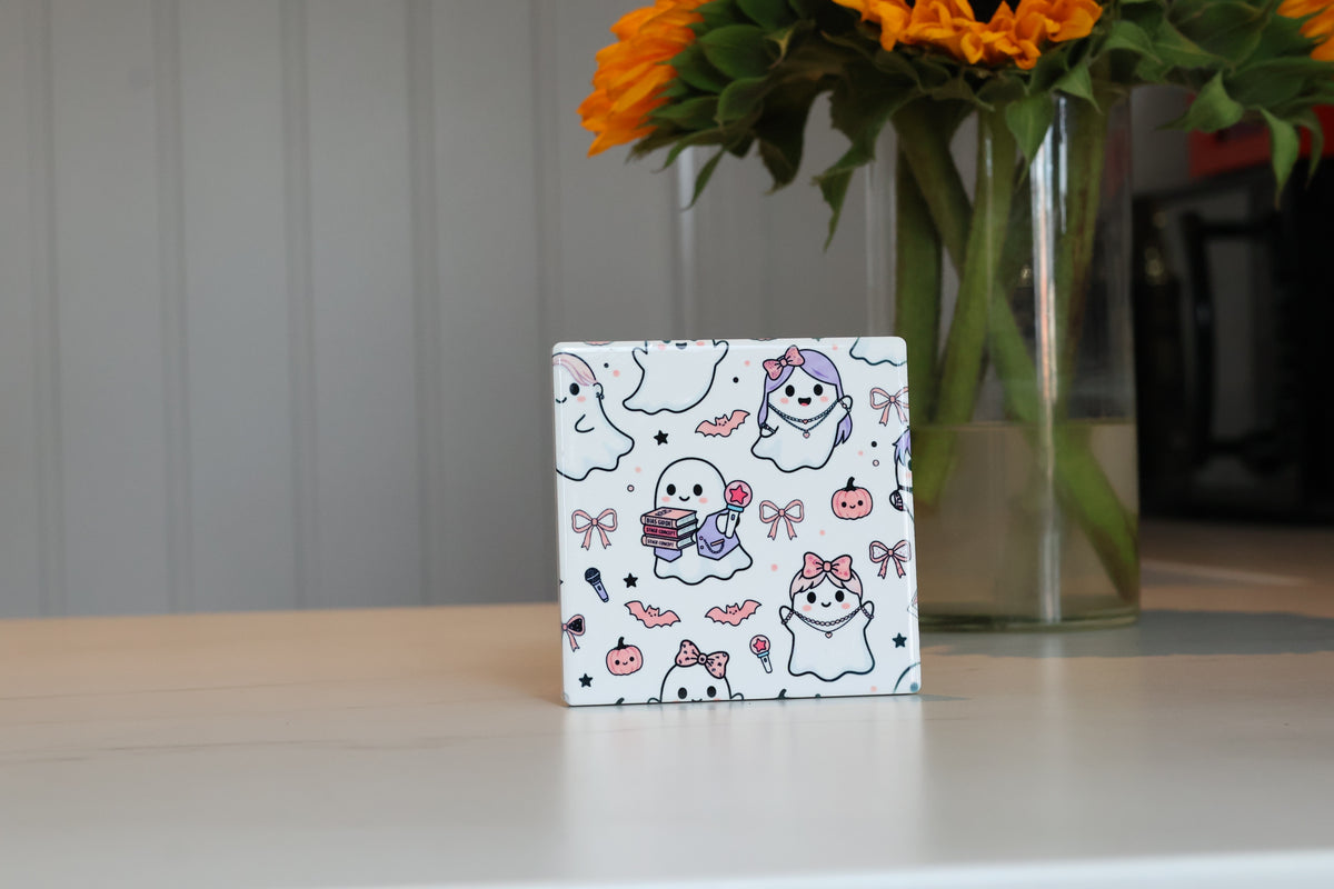 Pastel K-Pop Ghostie Ceramic Coaster | Cute Spooky Season Drink Coaster
