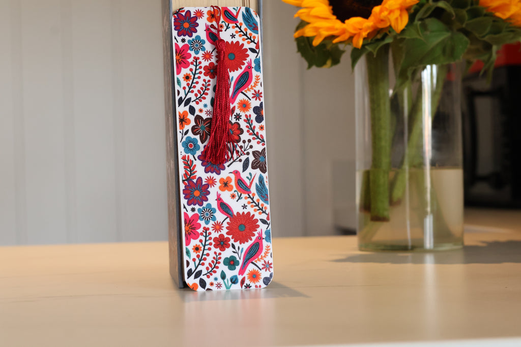 Vibrant Folk Art Floral Laminated Bookmark, Colourful Tasselled Accessory