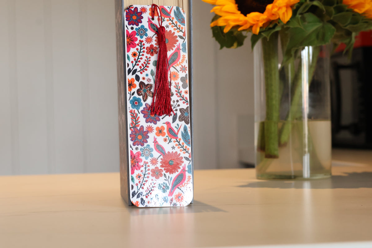 Vibrant Folk Art Floral Laminated Bookmark, Colourful Tasselled Accessory