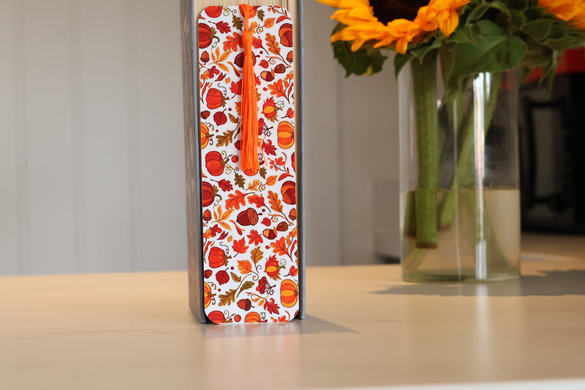 Autumn Harvest Laminated Bookmark, Cosy Fall Leaves & Pumpkin Page Saver