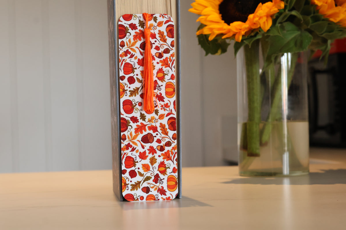 Autumn Harvest Laminated Bookmark, Cosy Fall Leaves & Pumpkin Page Saver