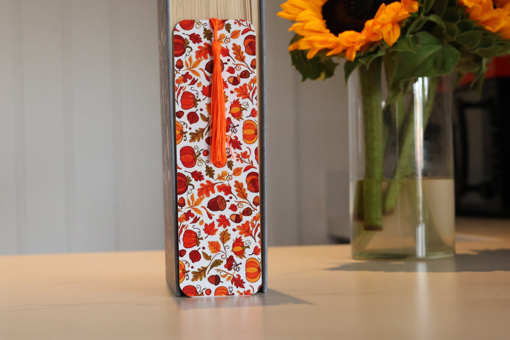 Autumn Harvest Laminated Bookmark, Cosy Fall Leaves & Pumpkin Page Saver