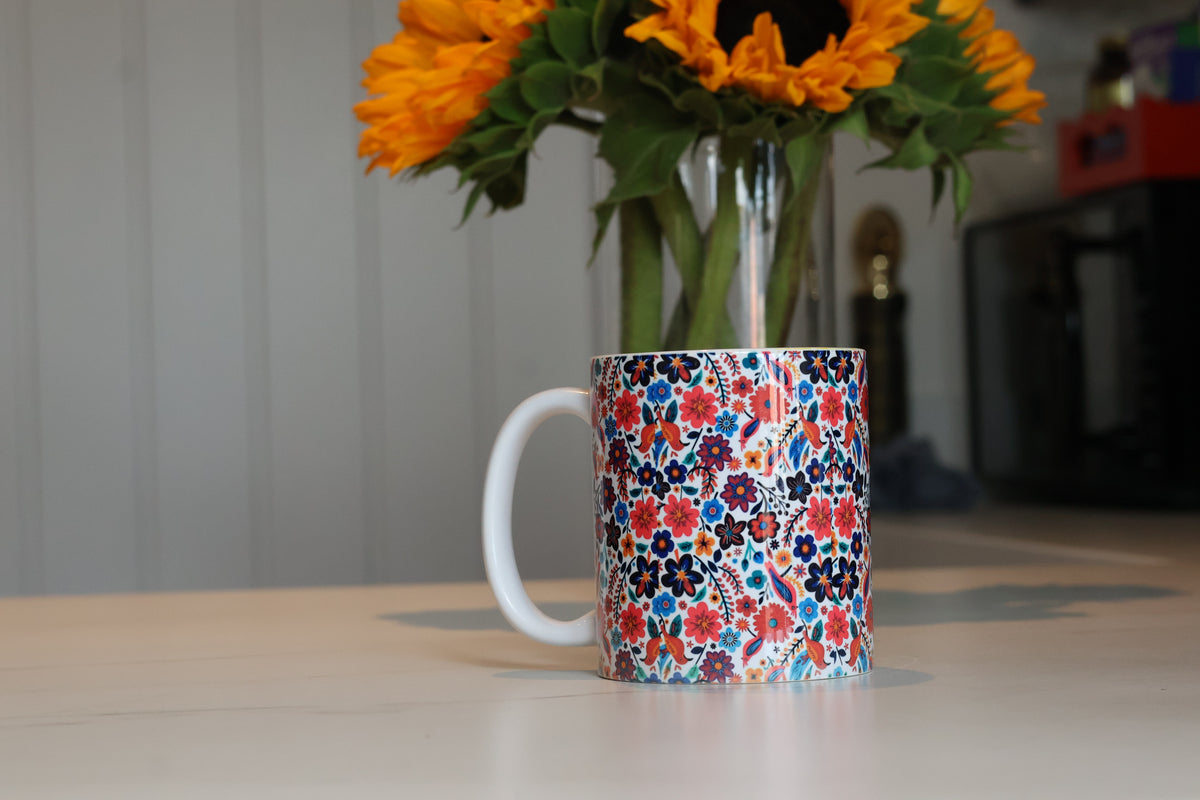 Vibrant Folk Art Floral Ceramic Mug | Maximalist Botanical Cup