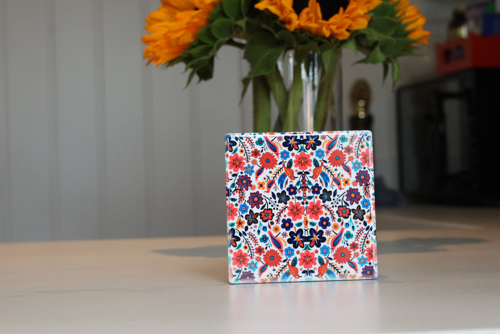 Vibrant Folk Art Floral Ceramic Coaster | Maximalist Botanical Drink Coaster