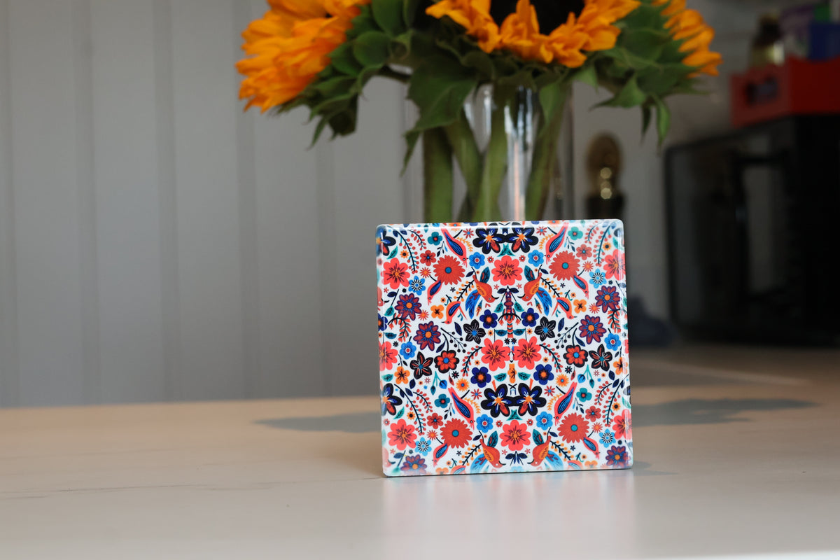 Vibrant Folk Art Floral Ceramic Coaster | Maximalist Botanical Drink Coaster