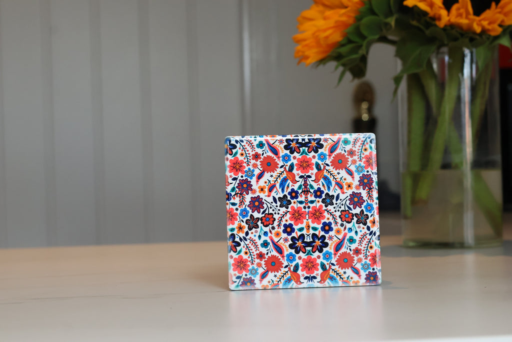 Vibrant Folk Art Floral Ceramic Coaster | Maximalist Botanical Drink Coaster