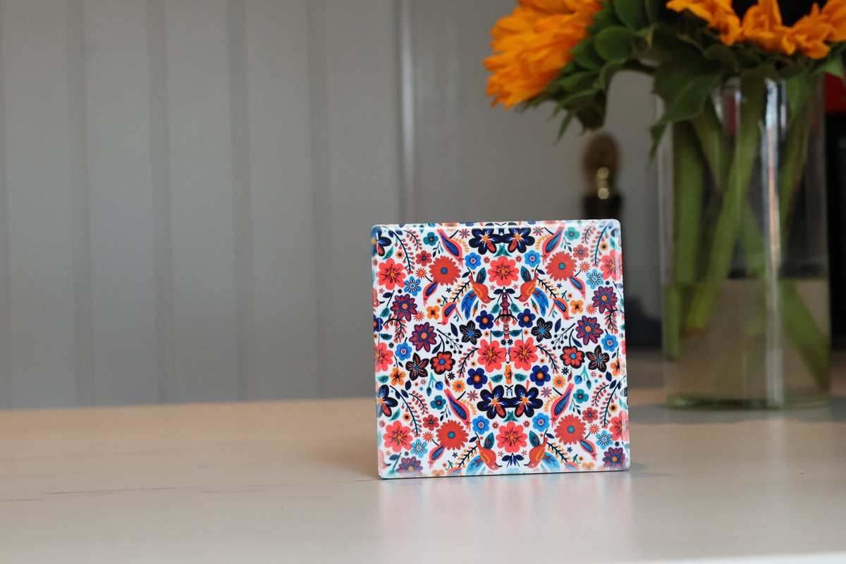 Vibrant Folk Art Floral Ceramic Coaster | Maximalist Botanical Drink Coaster