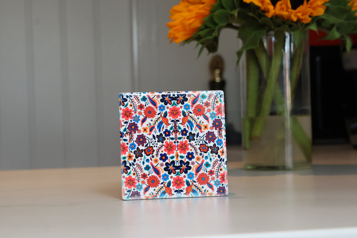 Vibrant Folk Art Floral Ceramic Coaster | Maximalist Botanical Drink Coaster