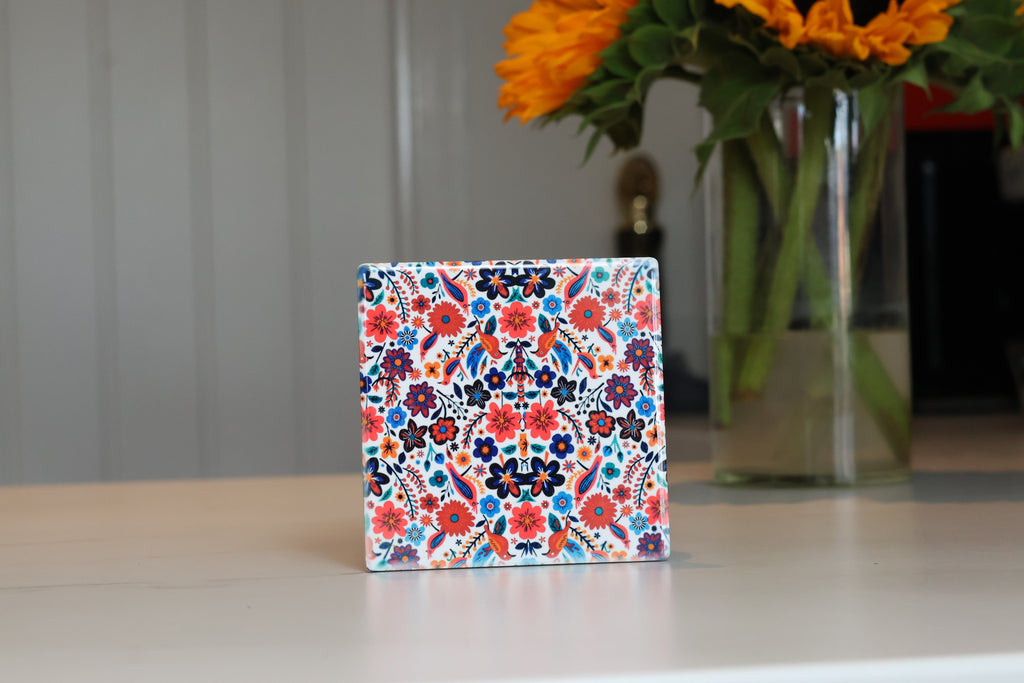 Vibrant Folk Art Floral Ceramic Coaster | Maximalist Botanical Drink Coaster