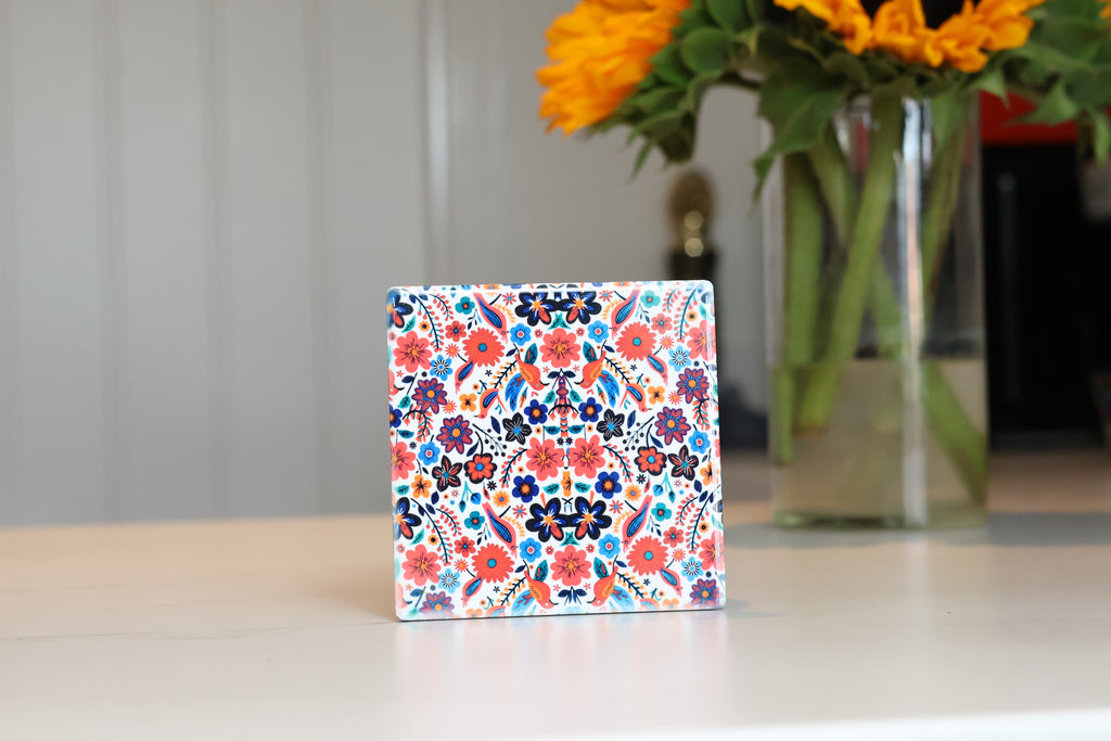 Vibrant Folk Art Floral Ceramic Coaster | Maximalist Botanical Drink Coaster