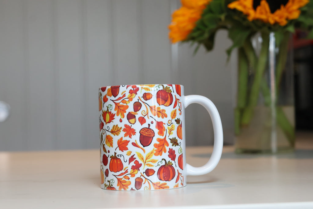 Cozy Autumn Harvest Ceramic Mug | Fall Leaves & Pumpkins Cup