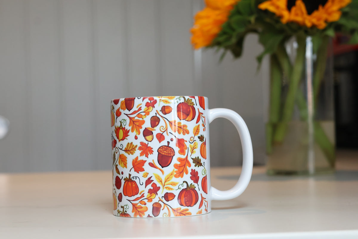 Cozy Autumn Harvest Ceramic Mug | Fall Leaves & Pumpkins Cup