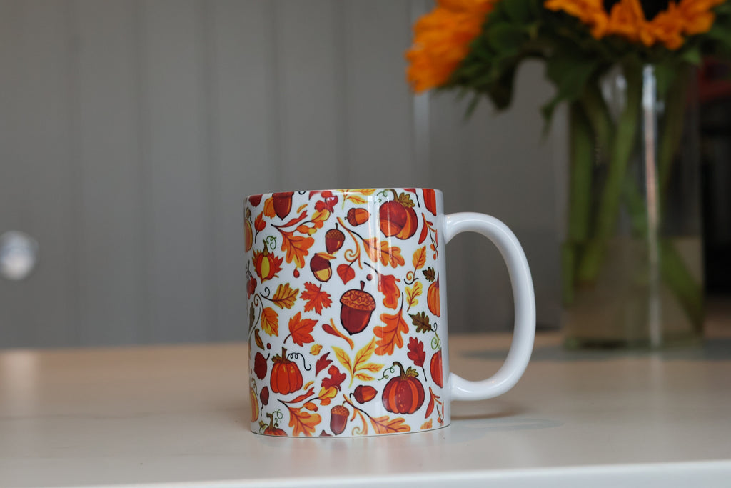 Cozy Autumn Harvest Ceramic Mug | Fall Leaves & Pumpkins Cup