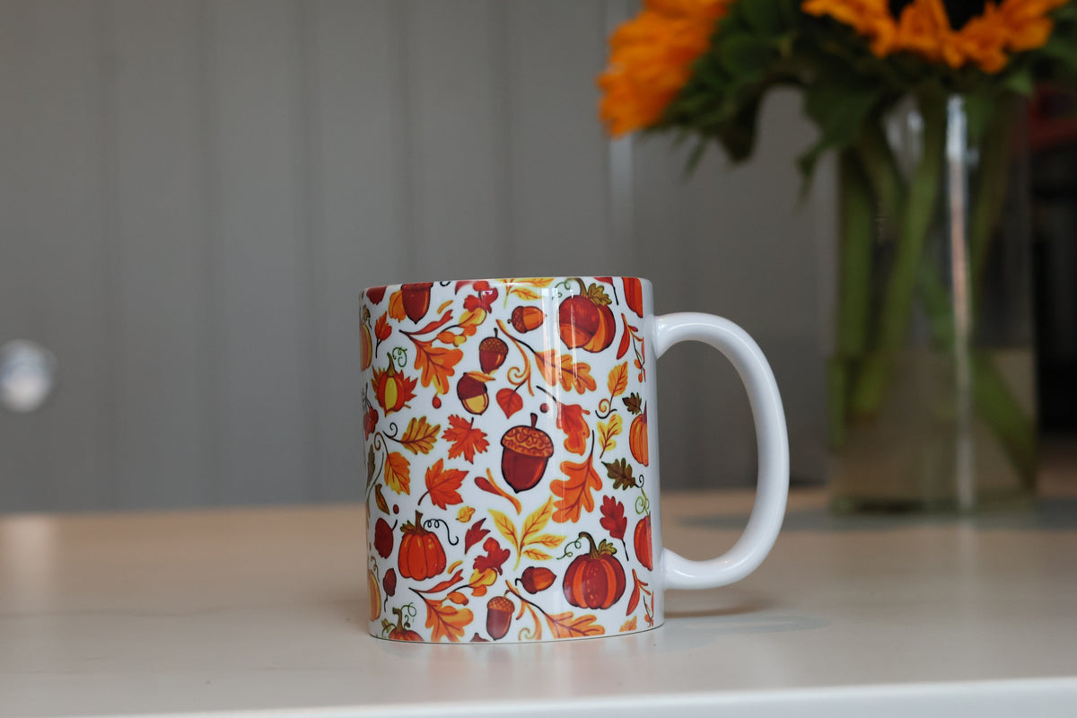 Cozy Autumn Harvest Ceramic Mug | Fall Leaves & Pumpkins Cup