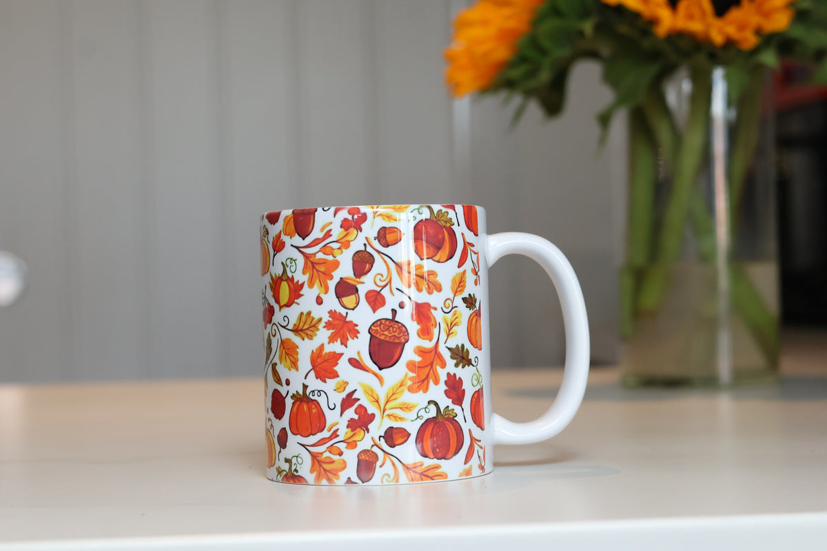 Cozy Autumn Harvest Ceramic Mug | Fall Leaves & Pumpkins Cup