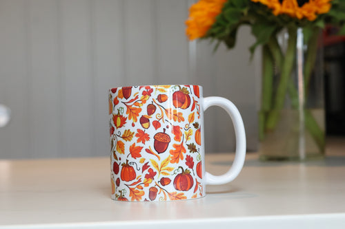 Cozy Autumn Harvest Ceramic Mug | Fall Leaves & Pumpkins Cup