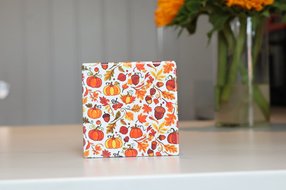 Cozy Autumn Harvest Ceramic Coaster | Fall Leaves & Pumpkin Drink Coaster