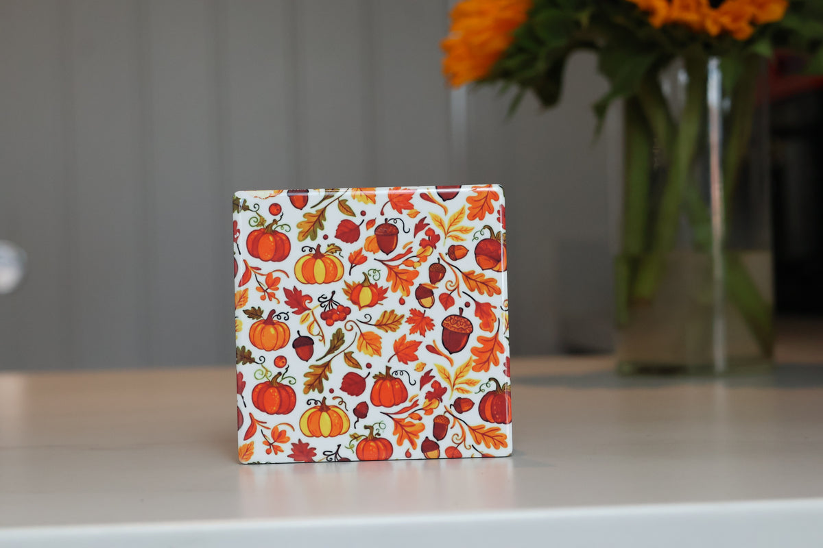 Cozy Autumn Harvest Ceramic Coaster | Fall Leaves & Pumpkin Drink Coaster