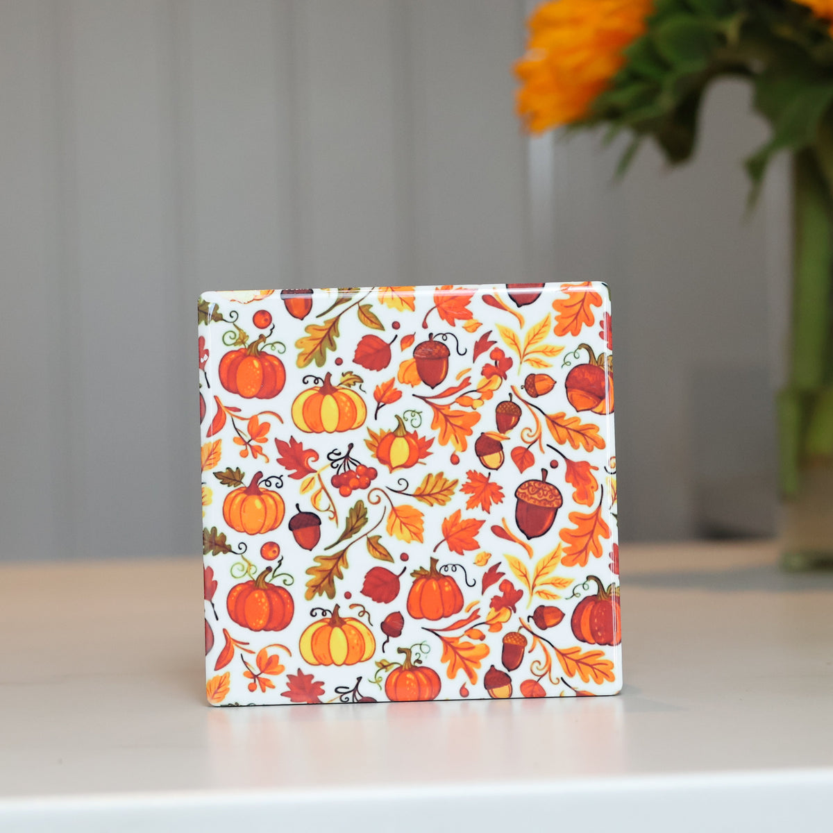 Cozy Autumn Harvest Ceramic Coaster | Fall Leaves & Pumpkin Drink Coaster