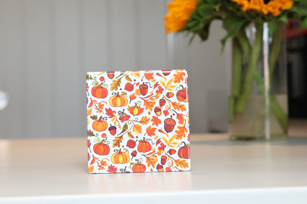 Cozy Autumn Harvest Ceramic Coaster | Fall Leaves & Pumpkin Drink Coaster
