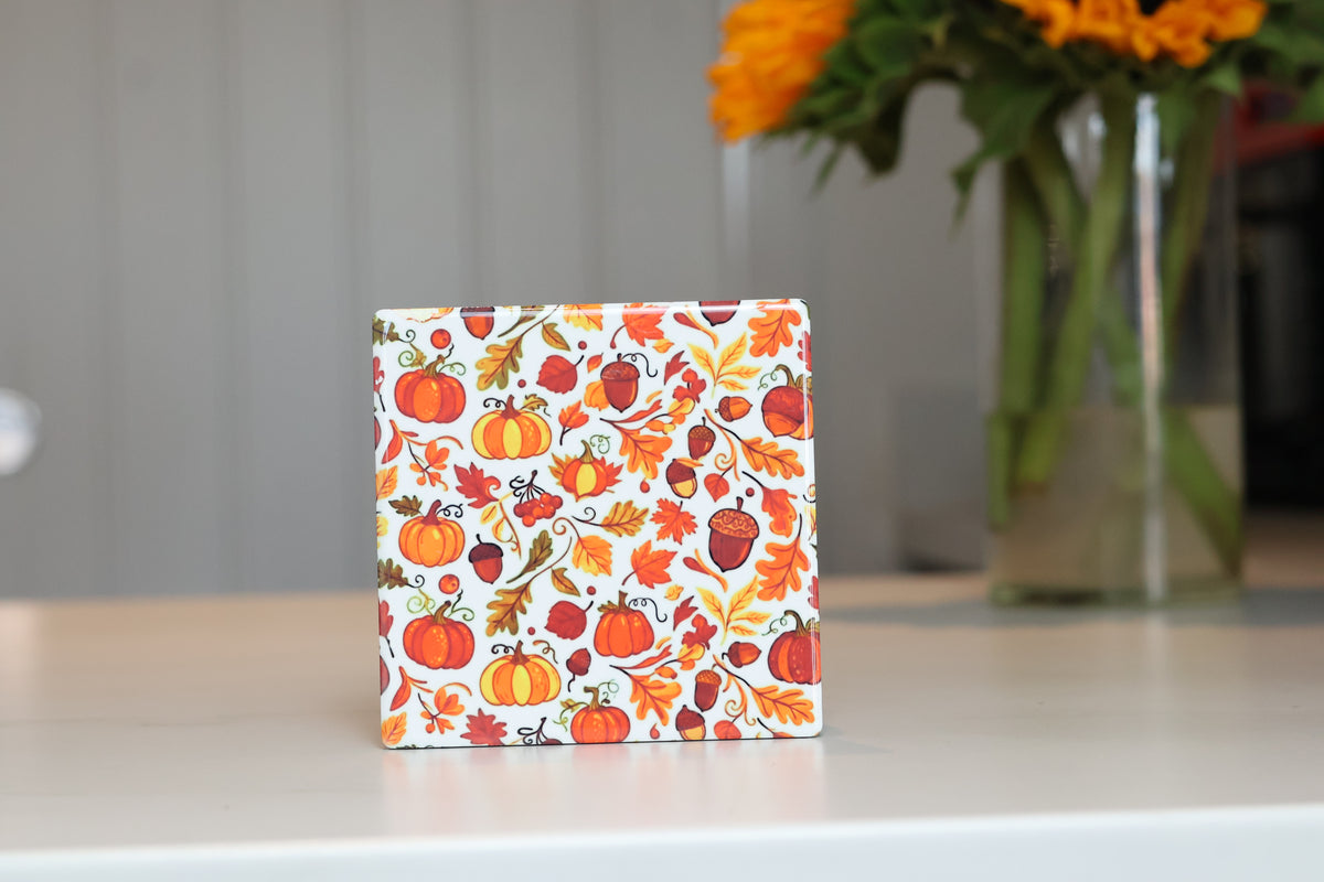 Cozy Autumn Harvest Ceramic Coaster | Fall Leaves & Pumpkin Drink Coaster