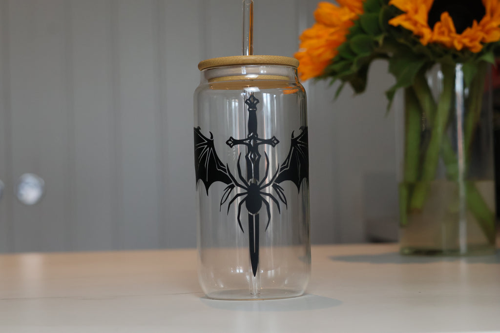 Valkyrie Sword, Bat Wings & Stygian Spider Glass Tumbler | Dark Fantasy Cup