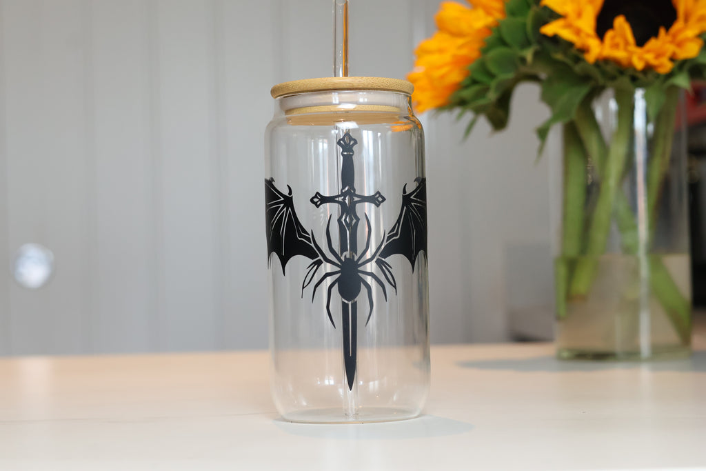 Valkyrie Sword, Bat Wings & Stygian Spider Glass Tumbler | Dark Fantasy Cup