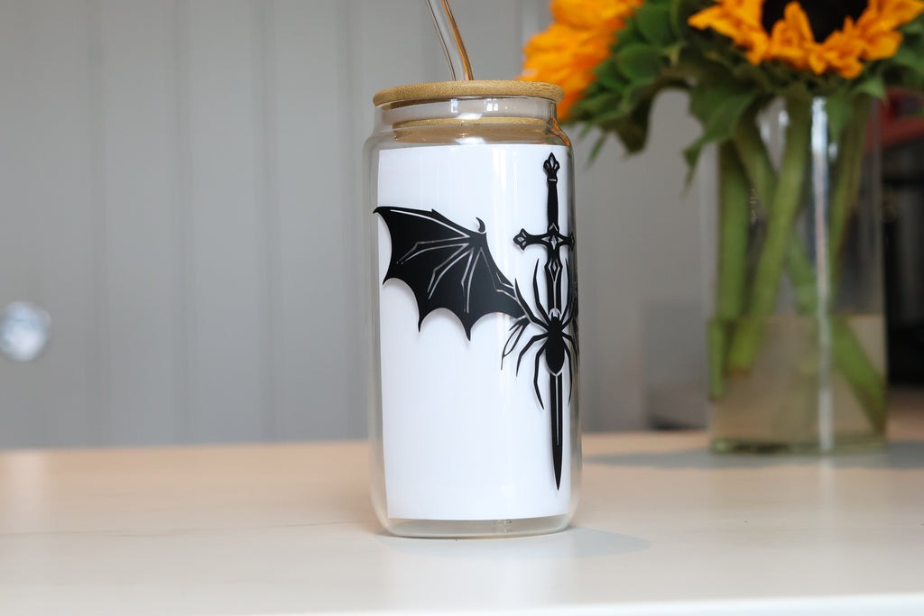 Valkyrie Sword, Bat Wings & Stygian Spider Glass Tumbler | Dark Fantasy Cup