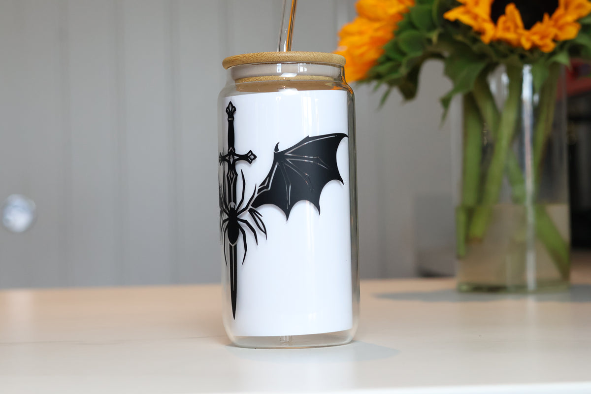 Valkyrie Sword, Bat Wings & Stygian Spider Glass Tumbler | Dark Fantasy Cup