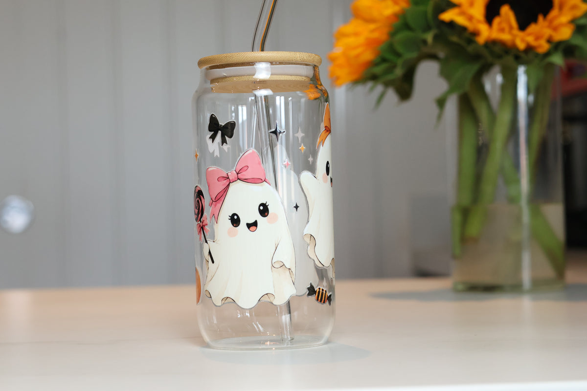 Coquette Ghostie Glass Tumbler | Kawaii Pastel Halloween Cup