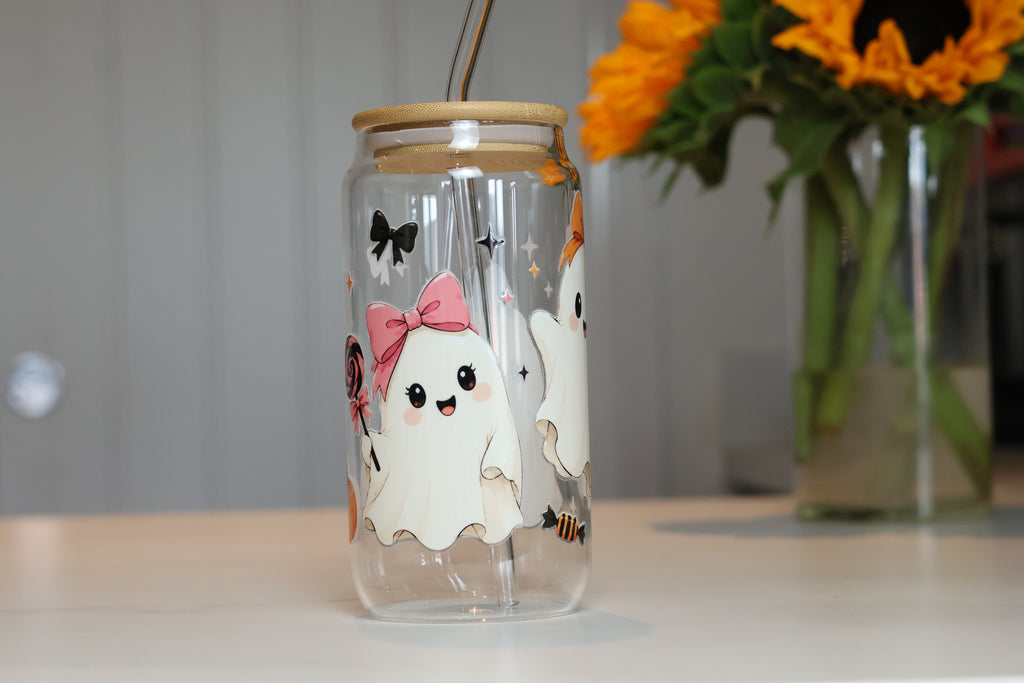 Coquette Ghostie Glass Tumbler | Kawaii Pastel Halloween Cup