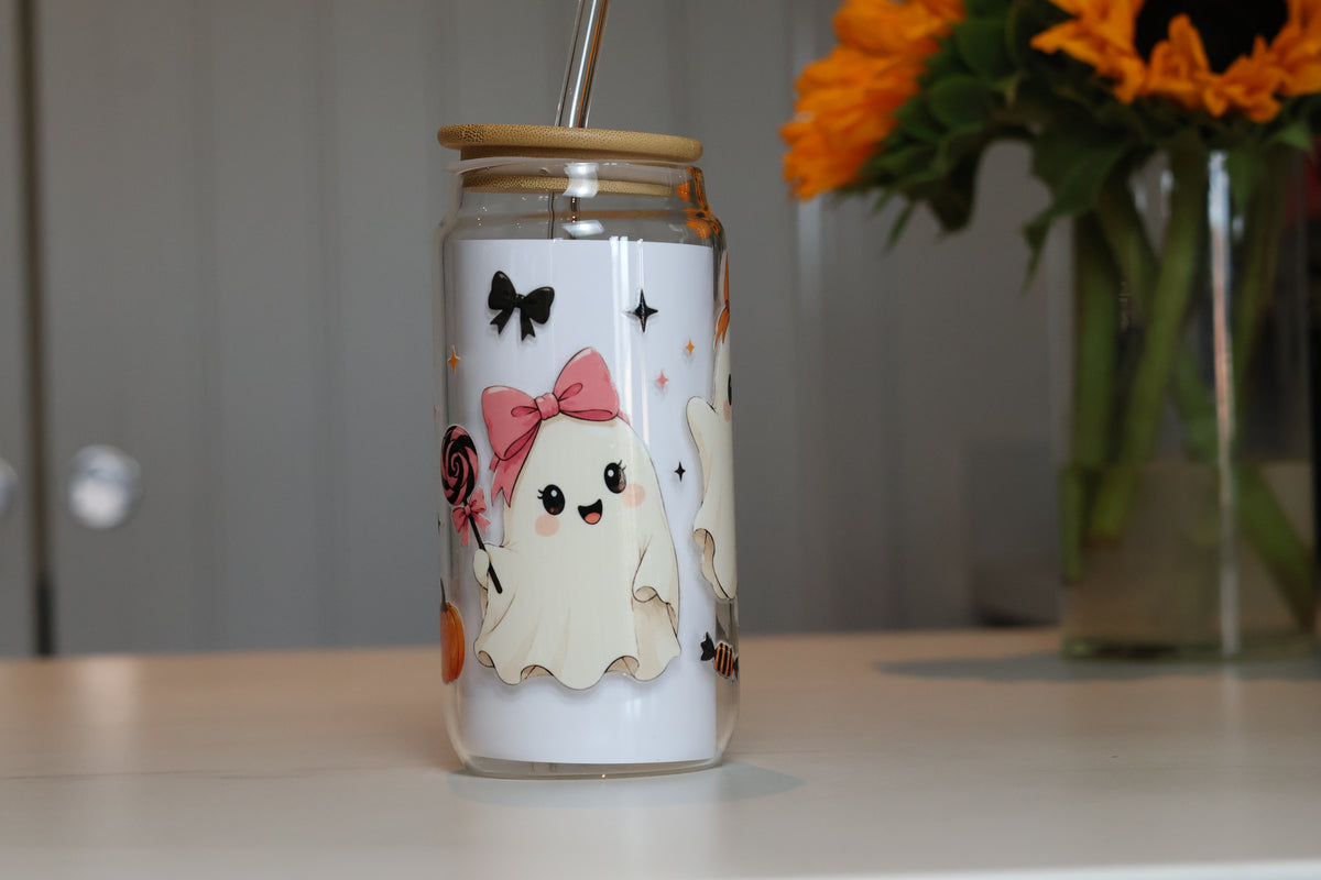 Coquette Ghostie Glass Tumbler | Kawaii Pastel Halloween Cup