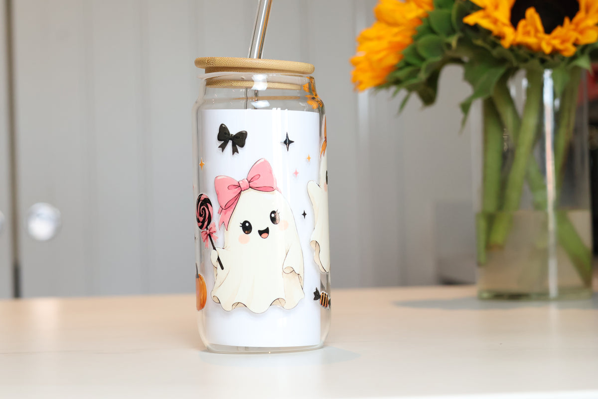 Coquette Ghostie Glass Tumbler | Kawaii Pastel Halloween Cup