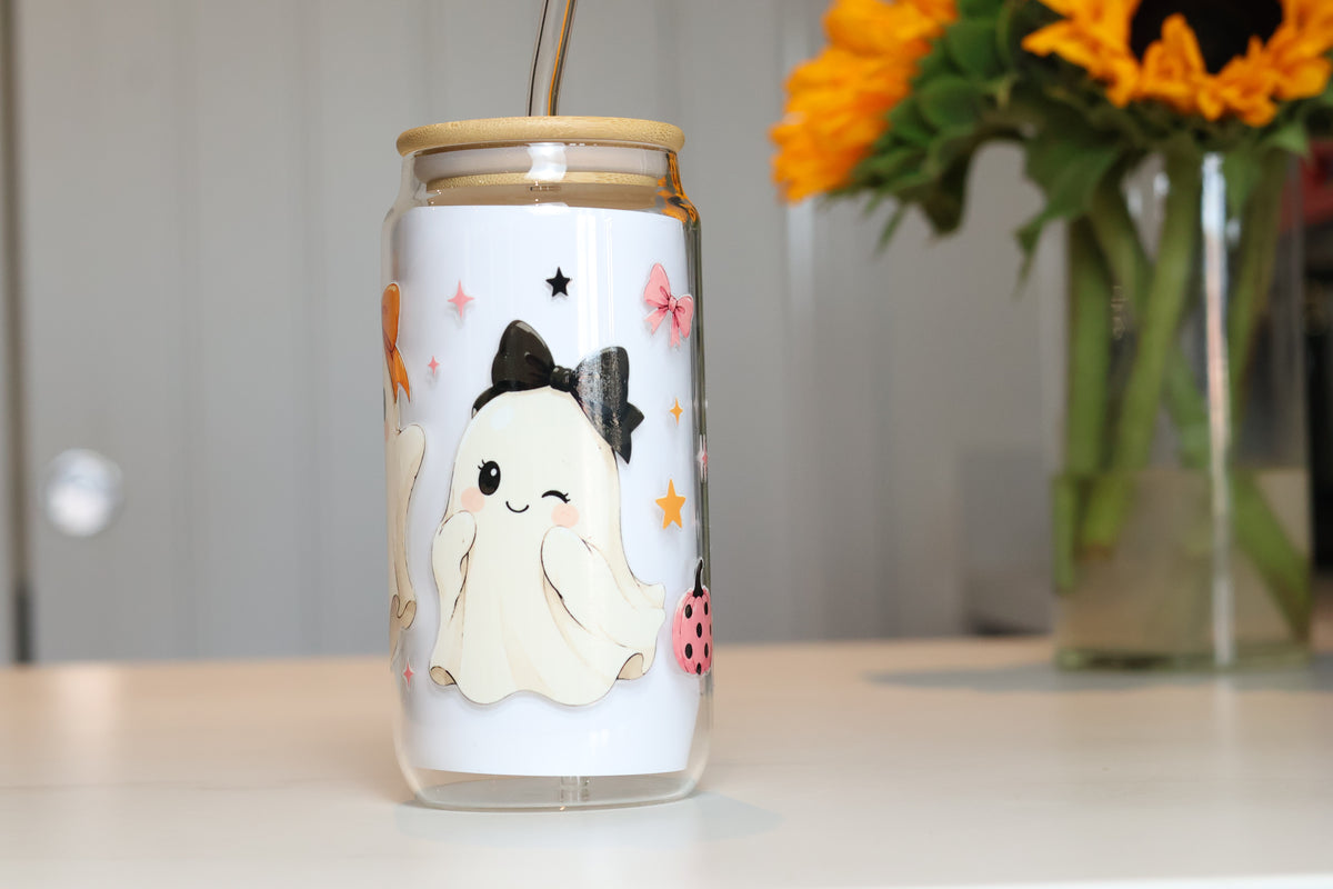 Coquette Ghostie Glass Tumbler | Kawaii Pastel Halloween Cup