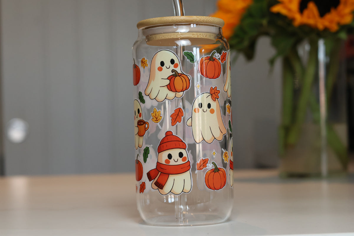 Cosy Pumpkin & Ghost Glass Tumbler | Autumn Iced Coffee Cup