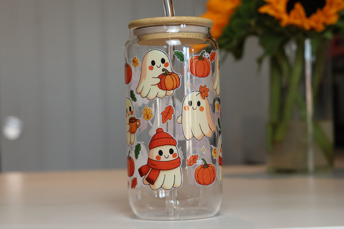Cosy Pumpkin & Ghost Glass Tumbler | Autumn Iced Coffee Cup