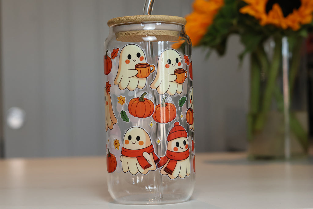 Cosy Pumpkin & Ghost Glass Tumbler | Autumn Iced Coffee Cup