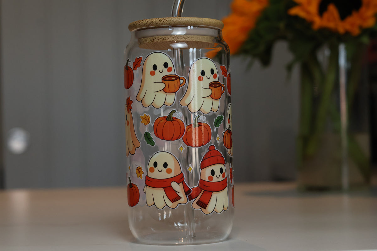 Cosy Pumpkin & Ghost Glass Tumbler | Autumn Iced Coffee Cup