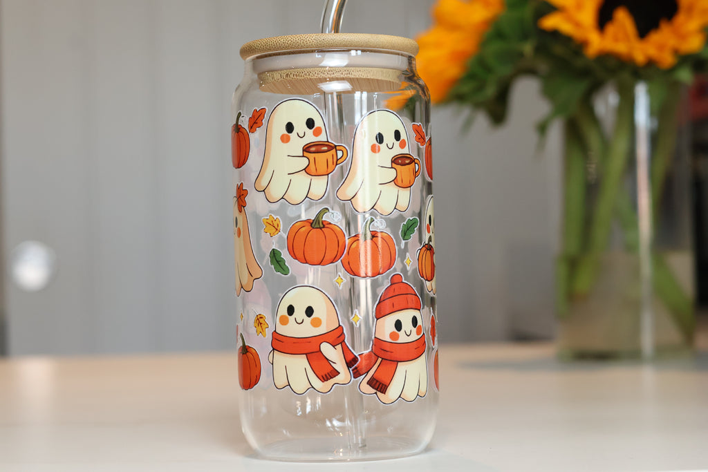 Cosy Pumpkin & Ghost Glass Tumbler | Autumn Iced Coffee Cup