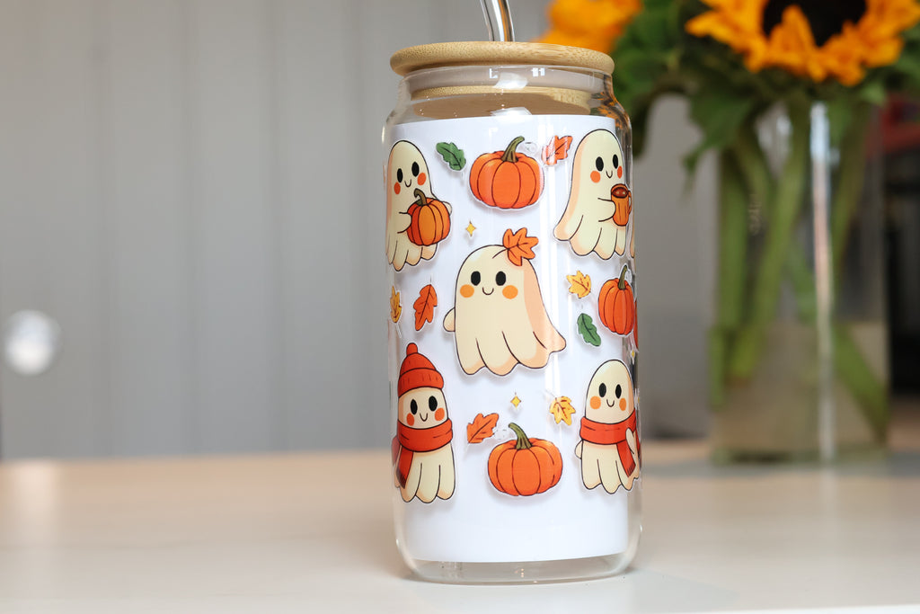 Cosy Pumpkin & Ghost Glass Tumbler | Autumn Iced Coffee Cup