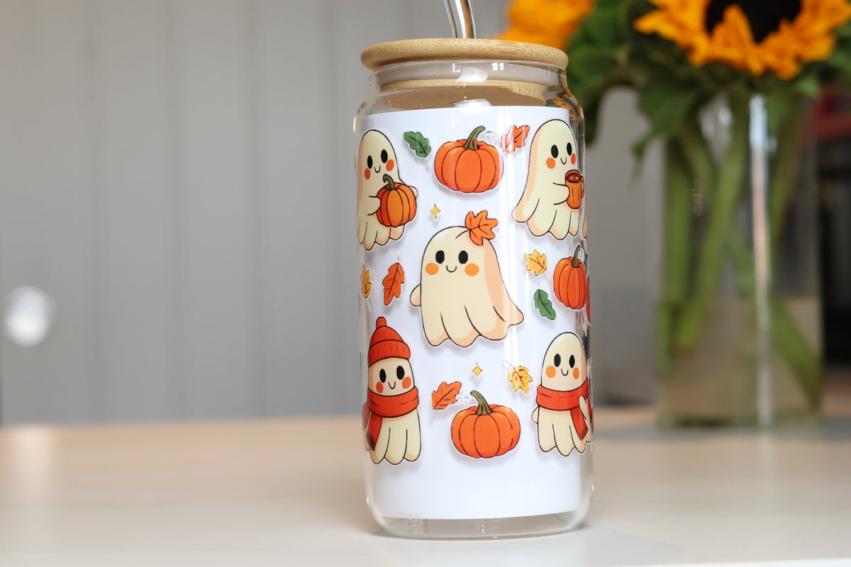 Cosy Pumpkin & Ghost Glass Tumbler | Autumn Iced Coffee Cup