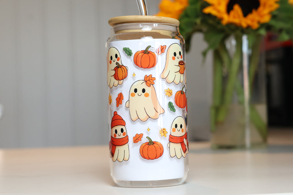 Cosy Pumpkin & Ghost Glass Tumbler | Autumn Iced Coffee Cup